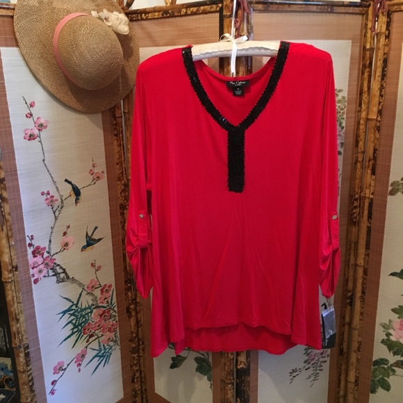 Nue Options Tops - Nue Options Osaka hi-lo sequin neckline red stretchy blouse